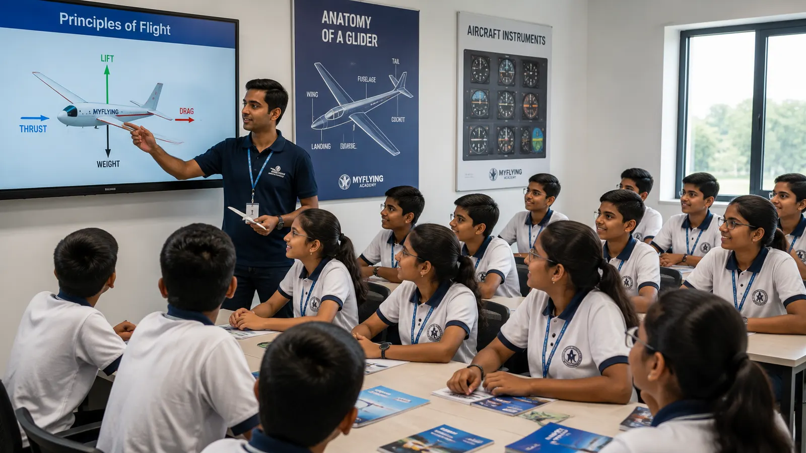 Instructor explaining principles of flight to students in a classroom